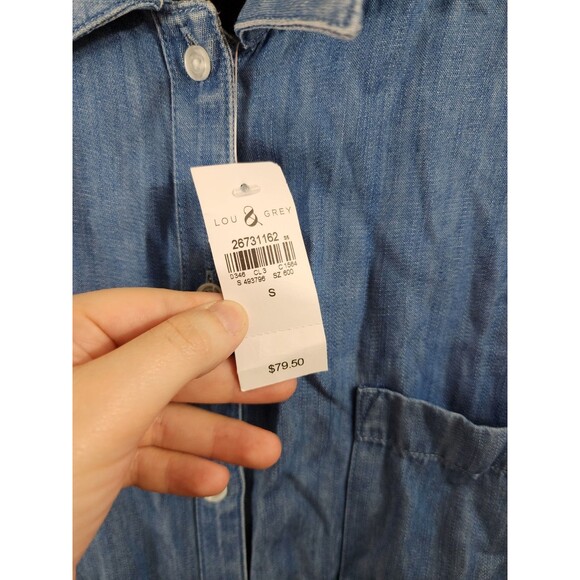 New Lou & Grey Womens S Blue Chambray Linen Blend Button Down Shirt Dress - Picture 9 of 10
